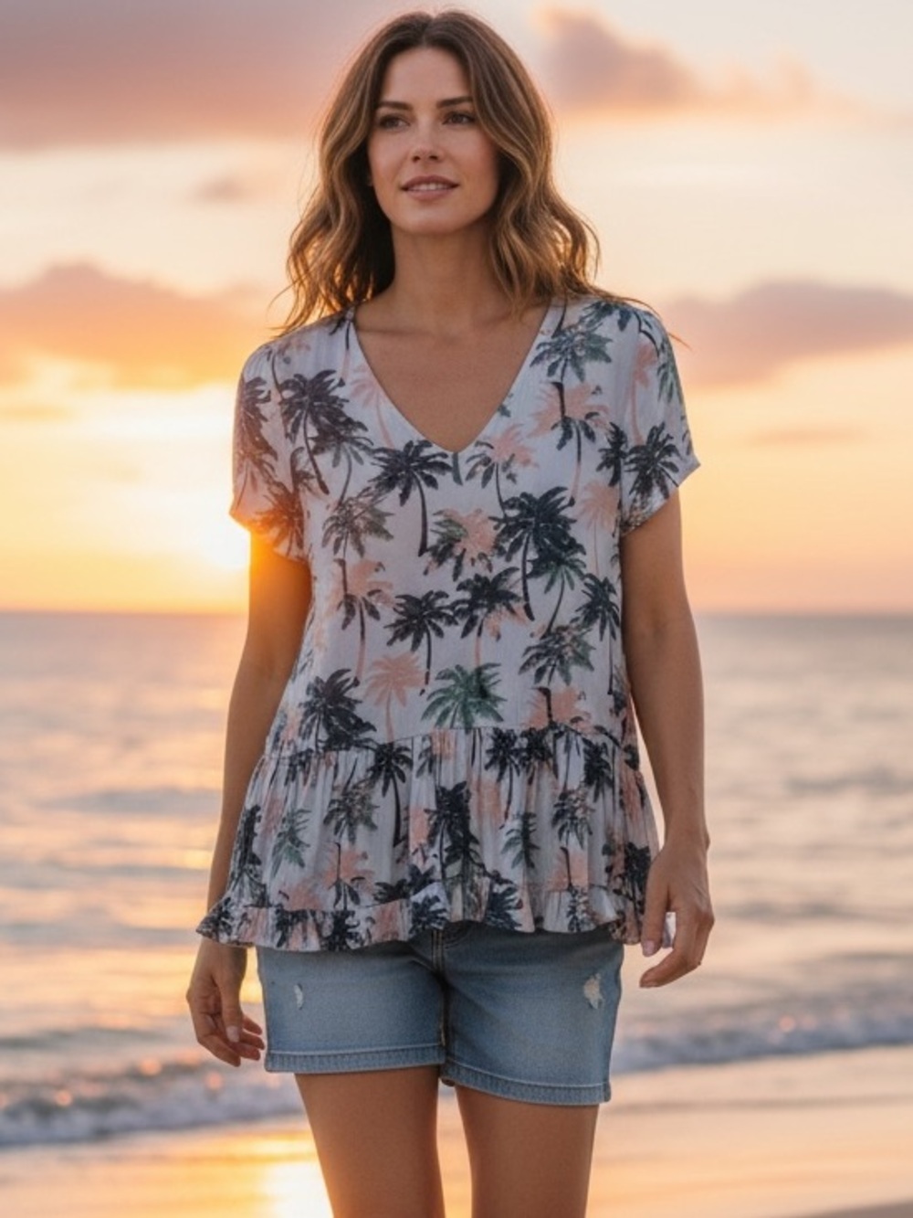 🌴Ro & De Palm Print V-Neck Ruffle Blouse, S/M